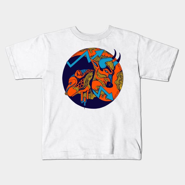 Orange Blue Bull and Bear Kids T-Shirt by kenallouis